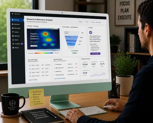 Research & Behaviour Analysis Research and behaviour analysis by Million Hits using heatmaps, session recordings, funnel data and AI-powered conversion insights.