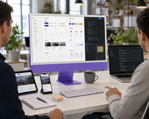 Systems, Handover & Post-Launch Optimisation UI design system, developer handover and responsive website review displayed across desktop, laptop, tablet and mobile devices.