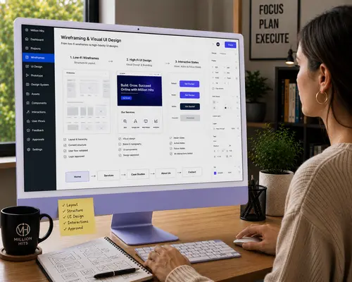 Wireframing & Visual UI Design Wireframing and visual UI design by Million Hits, creating responsive layouts, branded interfaces and interactive website prototypes.